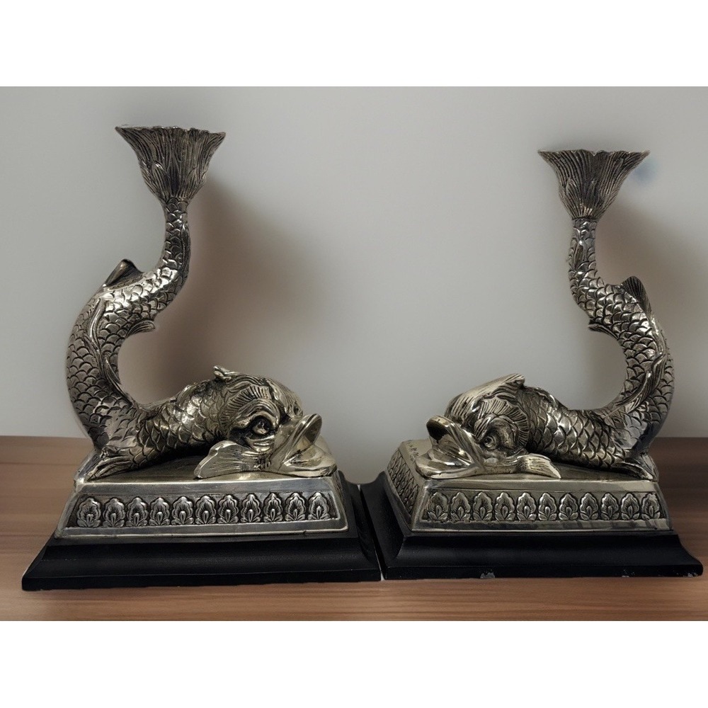 Hollywood Regency Style Silver Plated Dolphin Koi Fish Candle Holders Wood Base